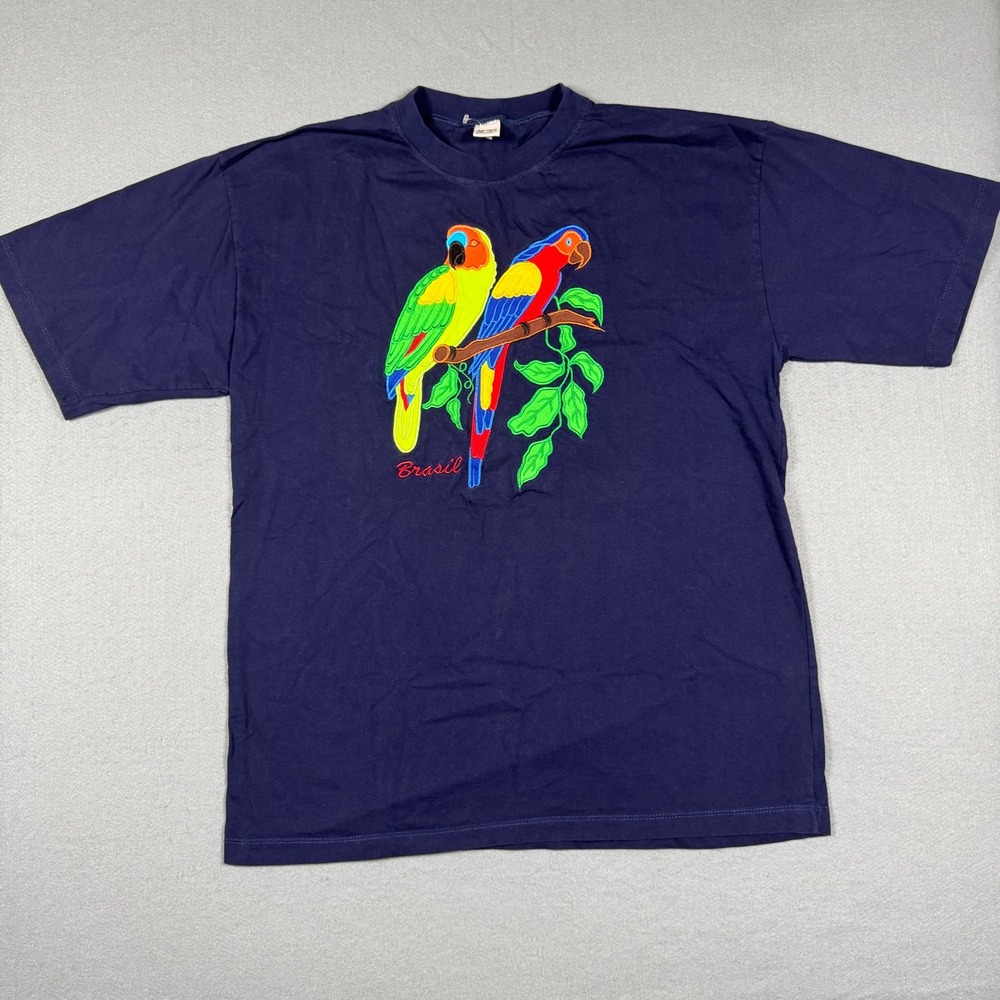 Vintage Brasil Parrot Embroidered T-Shirt Navy Blue Cotton Mens Large Souvenir